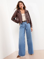 Lipsy Cherry Red Faux Leather Bubble Hem Funnel Neck Jacket - Image 3 of 4
