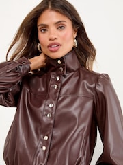 Lipsy Cherry Red Faux Leather Bubble Hem Funnel Neck Jacket - Image 4 of 4