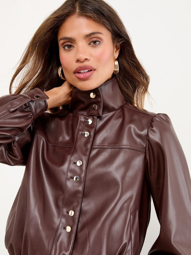 Lipsy Cherry Red Faux Leather Bubble Hem Funnel Neck Jacket - Image 4 of 4
