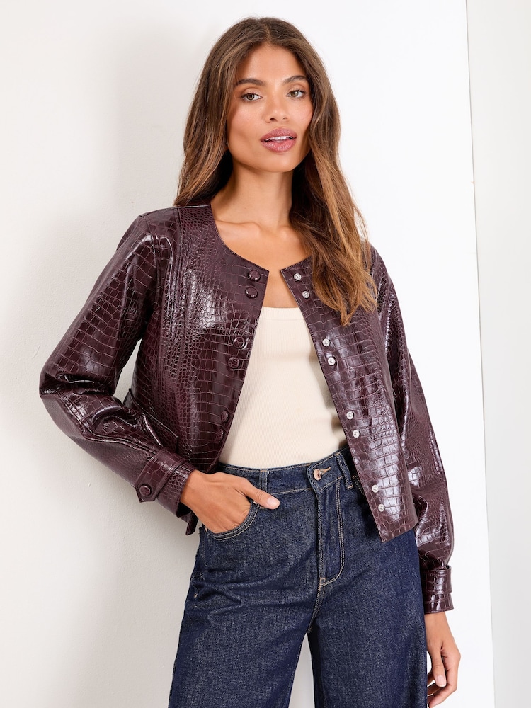 Lipsy Cherry Red Croc Faux Leather Collarless Jacket - Image 1 of 4 Lipsy Cherry Red Croc Faux Leather Collarless Jacket - Image 1 of 4