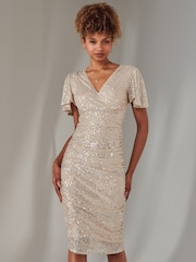 Jolie Moi Natural Flare Sleeve Ruched Sequin Dress - Image 1 of 6