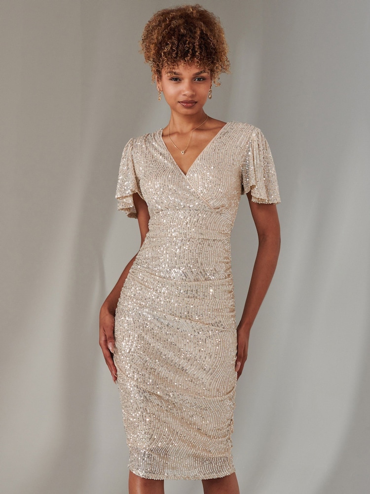 Jolie Moi Natural Flare Sleeve Ruched Sequin Dress - Image 1 of 6