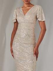 Jolie Moi Natural Flare Sleeve Ruched Sequin Dress - Image 3 of 6