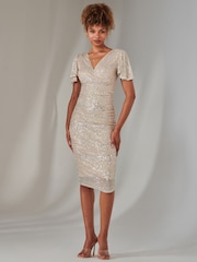 Jolie Moi Natural Flare Sleeve Ruched Sequin Dress - Image 6 of 6