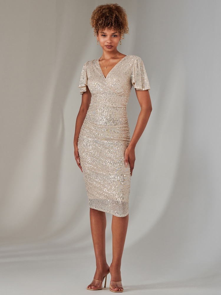 Jolie Moi Natural Flare Sleeve Ruched Sequin Dress - Image 6 of 6
