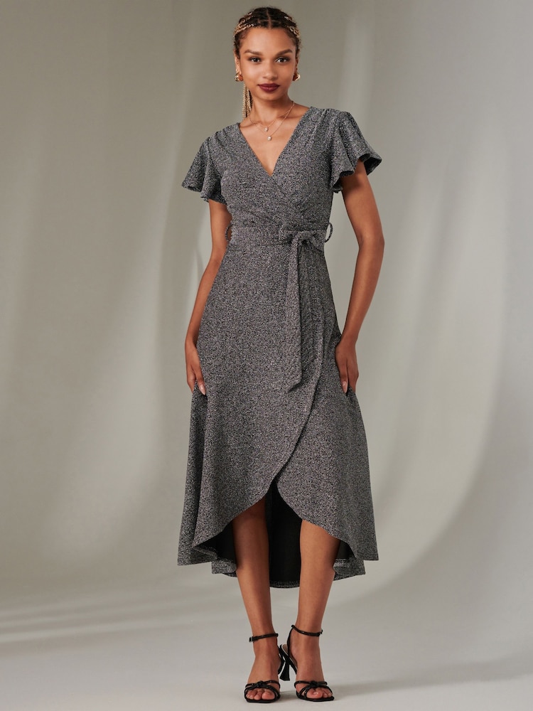 Jolie Moi Berry/Black Marlie Metallic Angel Sleeve Maxi Dress - Image 1 of 6