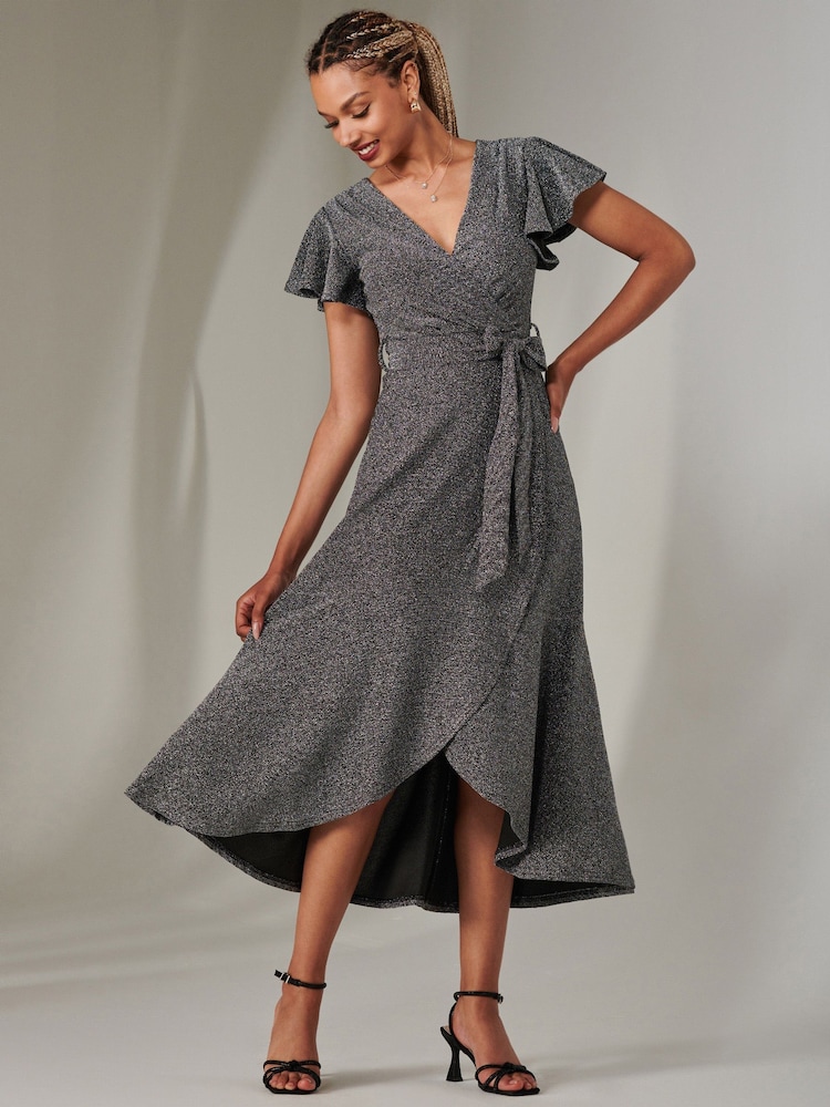 Jolie Moi Berry/Black Marlie Metallic Angel Sleeve Maxi Dress - Image 6 of 6