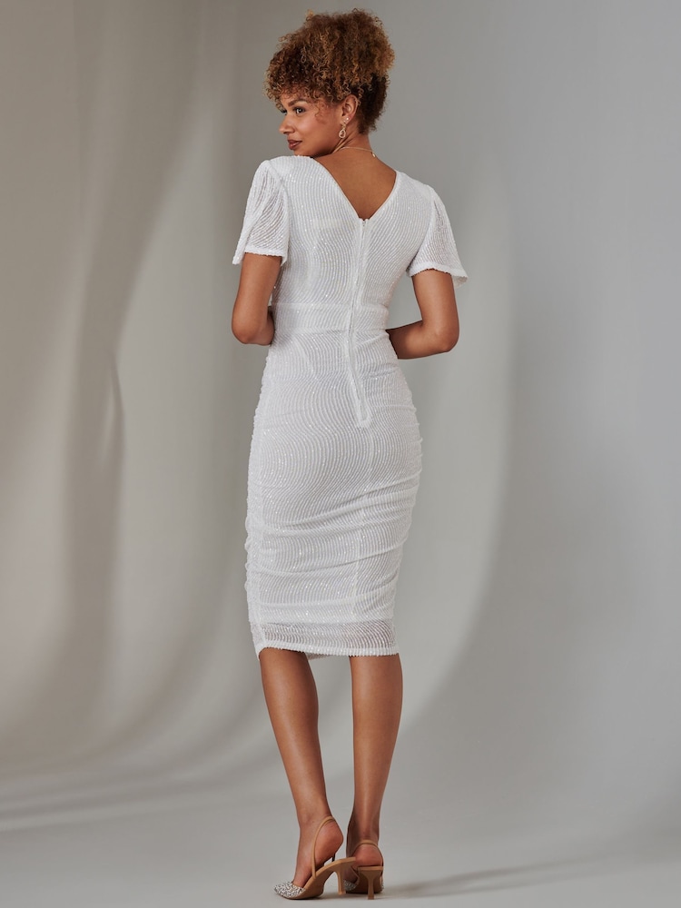 Jolie Moi White Flare Sleeve Ruched Sequin Dress - Image 2 of 6