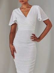 Jolie Moi White Flare Sleeve Ruched Sequin Dress - Image 3 of 6