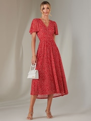 Jolie Moi Red Angel Sleeve Wrap Bodice Mesh Maxi Dress - Image 1 of 6