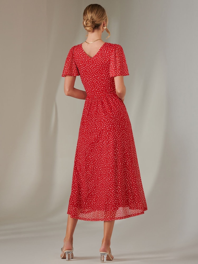 Jolie Moi Red Angel Sleeve Wrap Bodice Mesh Maxi Dress - Image 2 of 6