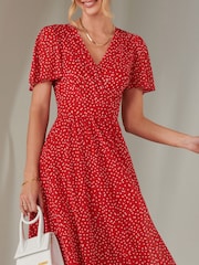 Jolie Moi Red Angel Sleeve Wrap Bodice Mesh Maxi Dress - Image 3 of 6