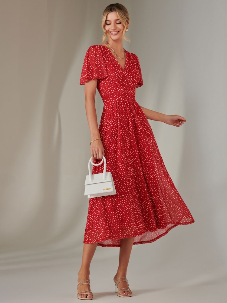 Jolie Moi Red Angel Sleeve Wrap Bodice Mesh Maxi Dress - Image 6 of 6