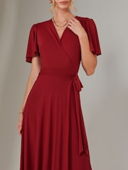 Jolie Moi Red Plain Angel Sleeve Wrapped Maxi Dress - Image 3 of 6