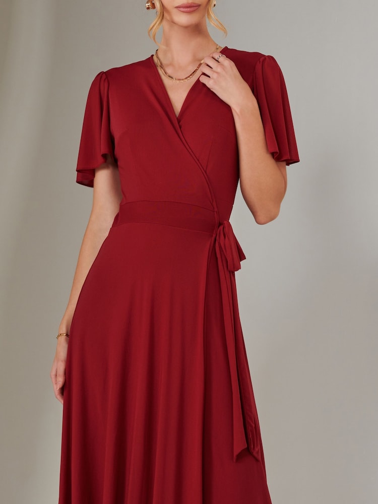 Jolie Moi Red Plain Angel Sleeve Wrapped Maxi Dress - Image 3 of 6
