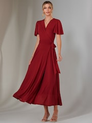 Jolie Moi Red Plain Angel Sleeve Wrapped Maxi Dress - Image 6 of 6