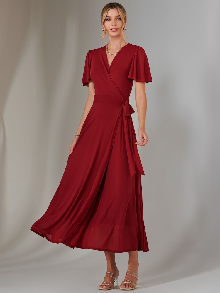 Jolie Moi Red Plain Angel Sleeve Wrapped Maxi Dress - Image 6 of 6
