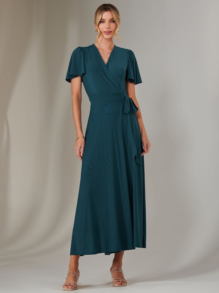 Jolie Moi Green Plain Angel Sleeve Wrapped Maxi Dress - Image 1 of 6