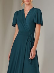 Jolie Moi Green Plain Angel Sleeve Wrapped Maxi Dress - Image 3 of 6