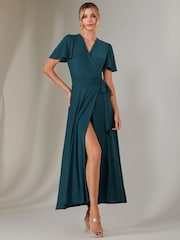Jolie Moi Green Plain Angel Sleeve Wrapped Maxi Dress - Image 4 of 6