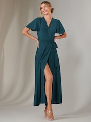 Jolie Moi Green Plain Angel Sleeve Wrapped Maxi Dress - Image 5 of 6