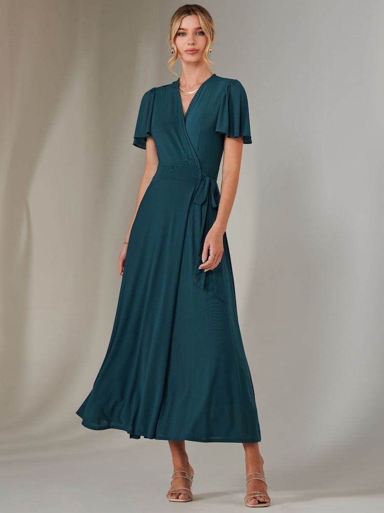 Jolie Moi Green Plain Angel Sleeve Wrapped Maxi Dress - Image 6 of 6