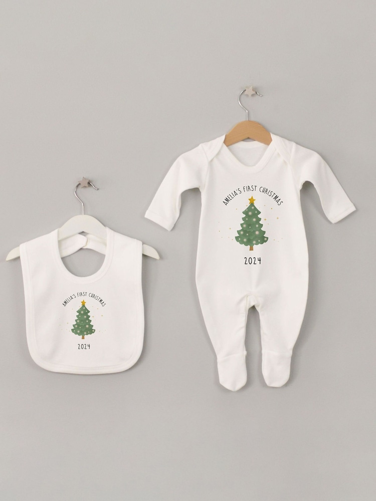 Personalised First Christmas Sleepsuit & Bib Set by Koko Blossom - Image 1 of 3 Personalised First Christmas Sleepsuit & Bib Set by Koko Blossom - Image 1 of 3