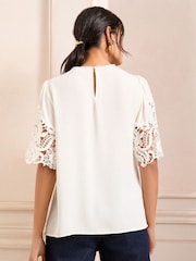 Love & Roses Ivory Crew Neck Lace Short Sleeve Blouse - Image 2 of 4