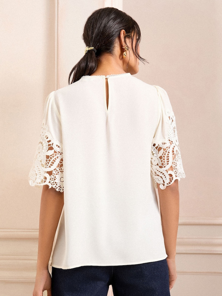 Love & Roses Ivory Crew Neck Lace Short Sleeve Blouse - Image 2 of 4