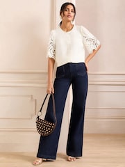 Love & Roses Ivory Crew Neck Lace Short Sleeve Blouse - Image 3 of 4