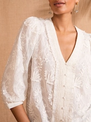 Love & Roses Ivory 100% Cotton 3D Floral 3/4 Sleeve V-Neckline Blouse - Image 2 of 4