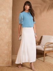 Love & Roses Blue Crew Neck Lace Short Sleeve Blouse - Image 3 of 4