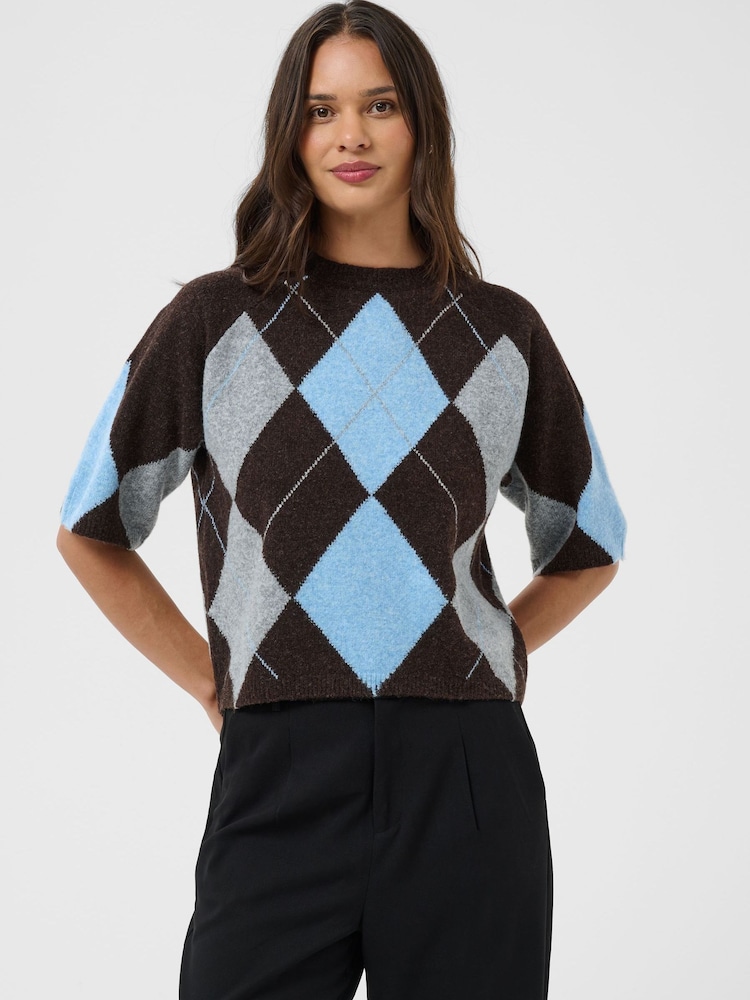 Kaffe Black Argyle Short Sleeve Knit Top - Image 1 of 7 Kaffe Black Argyle Short Sleeve Knit Top - Image 1 of 7