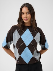 Kaffe Black Argyle Short Sleeve Knit Top - Image 3 of 7