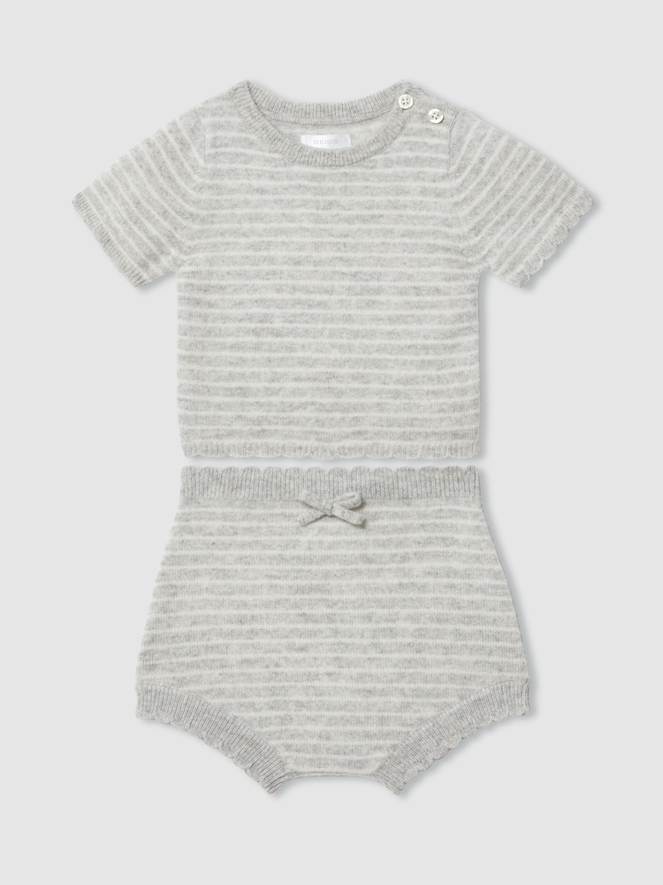 Reiss Grey Marl Francis 100% Cashmere Stripe Top And Shorts Set - Image 3 of 5