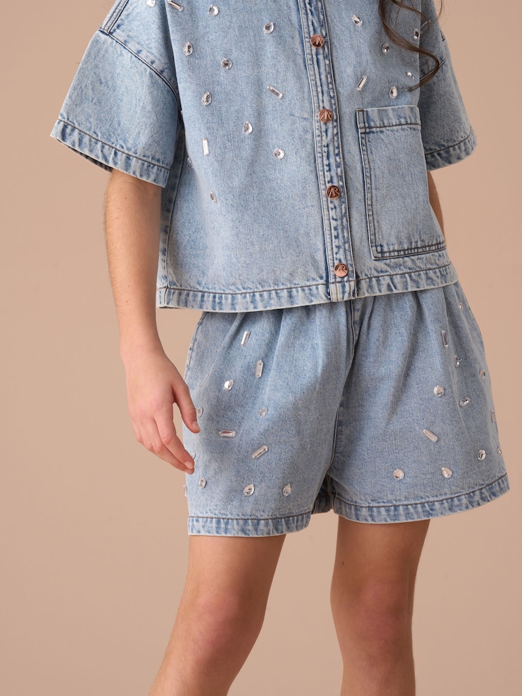 Angel & Rocket Blue Zeta Denim Diamonte Pull On 100% Cotton Short - Image 1 of 7 Angel & Rocket Blue Zeta Denim Diamonte Pull On 100% Cotton Short - Image 1 of 7
