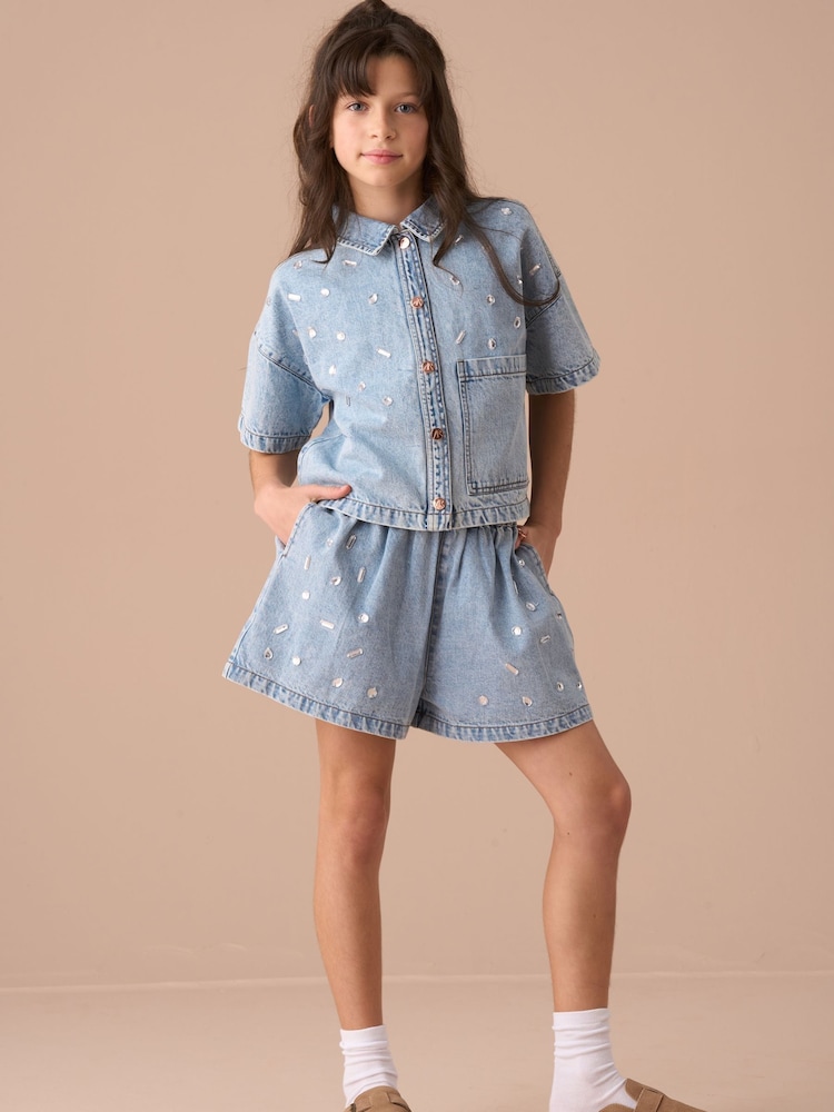 Angel & Rocket Zeta Denim diamante gestreepte top en shorts met trekkoord van 100% katoen - Image 3 of 7
