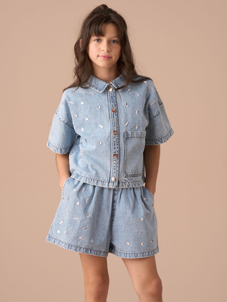 Angel & Rocket Zeta Denim diamante gestreepte top en shorts met trekkoord van 100% katoen - Image 4 of 7