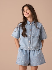 Angel & Rocket Blue Zeta Diamonte Short Sleeve 100% Cotton Denim Shirt - Image 1 of 8