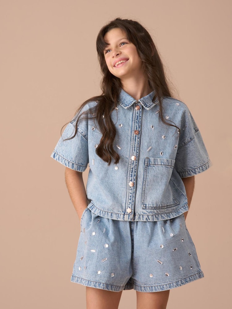 Angel & Rocket Blue Zeta Diamonte Short Sleeve 100% Cotton Denim Shirt - Image 1 of 8