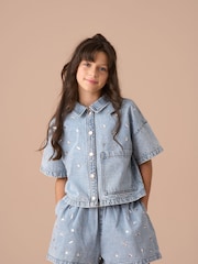 Angel & Rocket Blue Zeta Diamonte Short Sleeve 100% Cotton Denim Shirt - Image 4 of 8