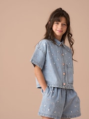 Angel & Rocket Blue Zeta Diamonte Short Sleeve 100% Cotton Denim Shirt - Image 5 of 8