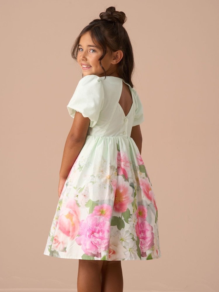 Angel & Rocket Green Anna Mint Border Print Puff Sleeve 100% Cotton Dress - Image 2 of 8