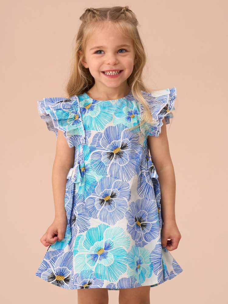 Angel & Rocket Blue Alessandra Pansy Print Tie Side 100% Cotton Dress And Bloomer Set - Image 1 of 7