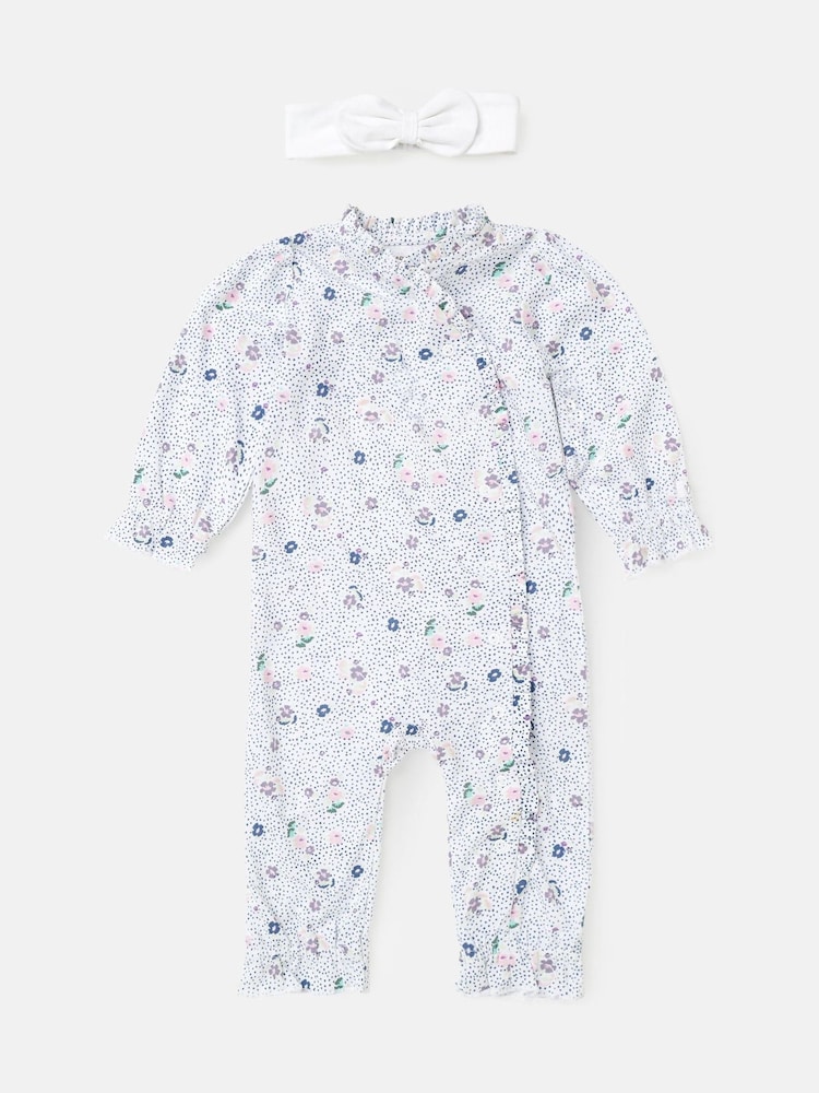 Angel & Rocket Blue Fleur Water Colour Print Frill Babygrow and Headband Set - Image 4 of 6