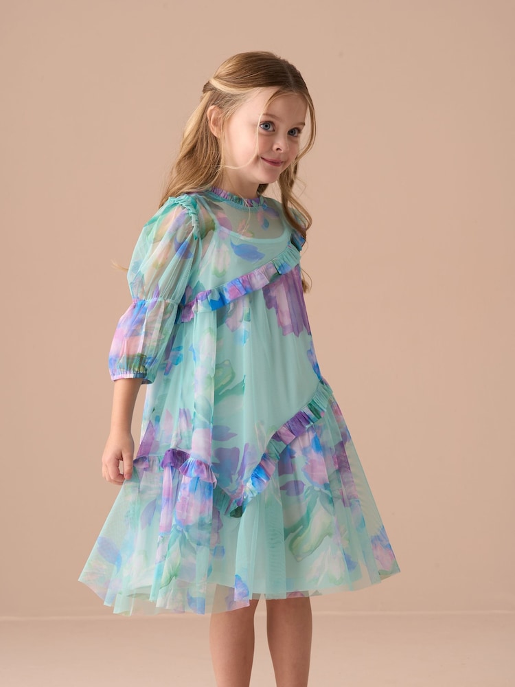 Angel & Rocket Blue Beatrice Mesh Asymmetric Frill Dress - Image 1 of 14