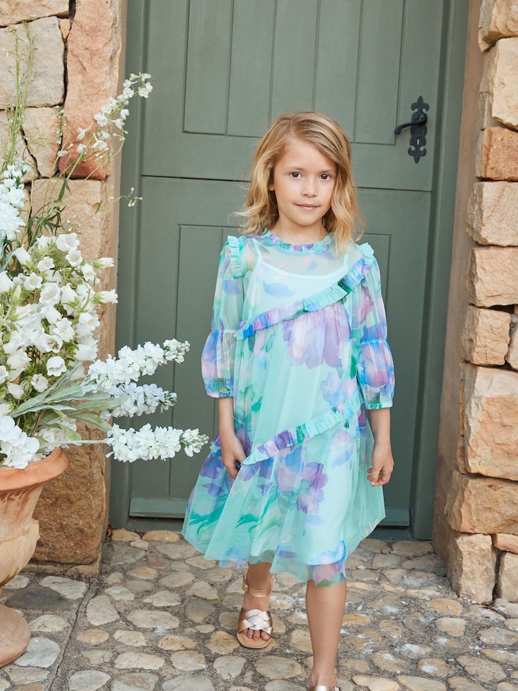 Angel & Rocket Blue Beatrice Mesh Asymmetric Frill Dress - Image 2 of 14