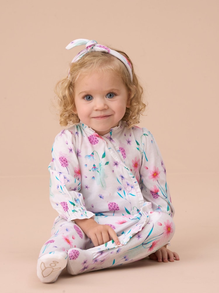 Angel & Rocket White Fleur Water Colour Print Frill Babygrow and Headband Set - Image 1 of 3