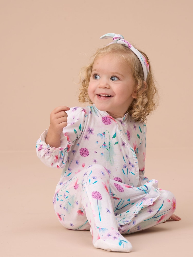 Angel & Rocket White Fleur Water Colour Print Frill Babygrow and Headband Set - Image 2 of 3