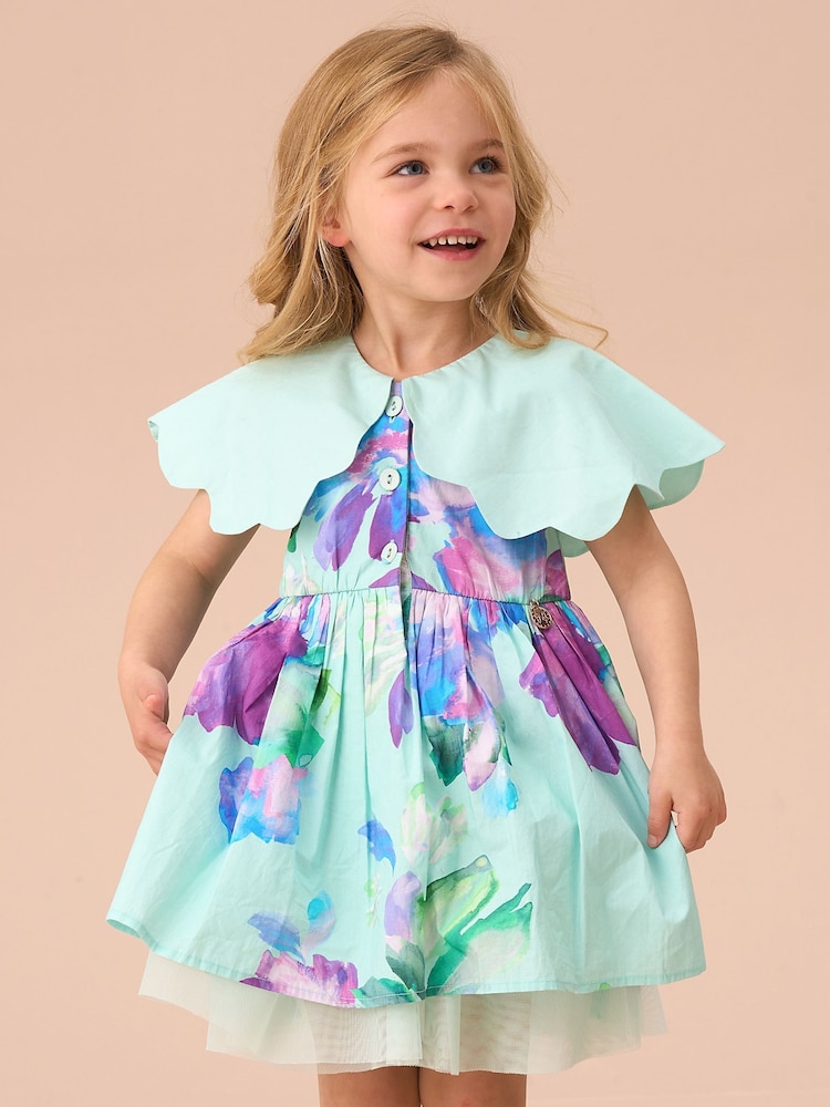 Angel & Rocket Green Sybil Mint Scalloped Collar 100% Cotton Dress with Print Bloomer - Image 1 of 5